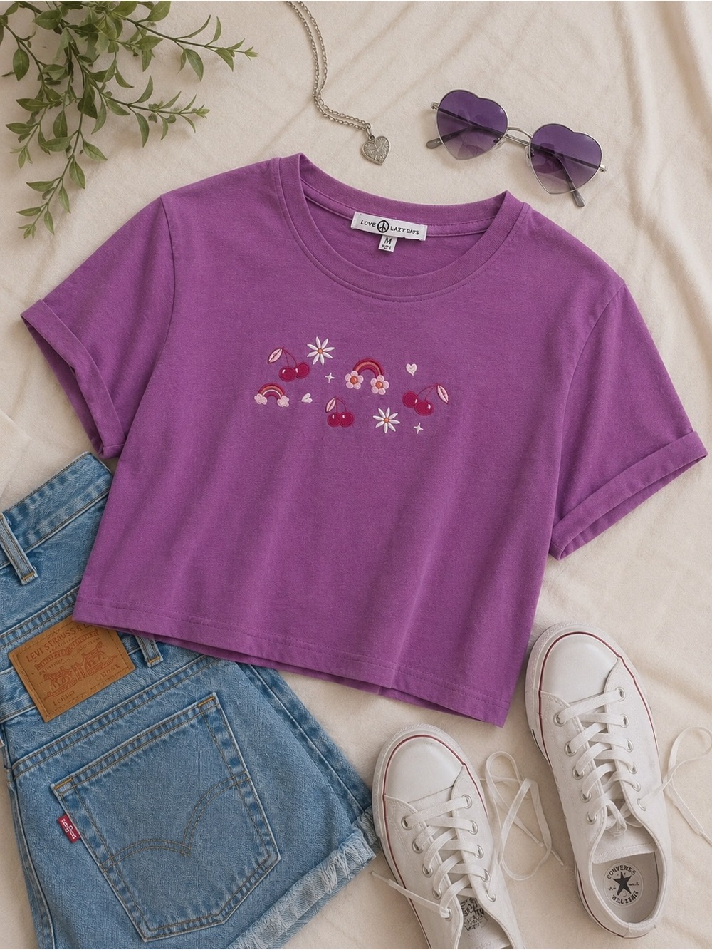 Love & Lazy Days Purple Cherry Rainbow Crop Tee Size Medium